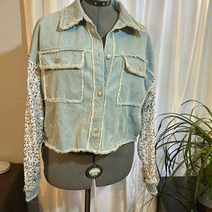 Peach love blue jeans jacket sequin sleeve